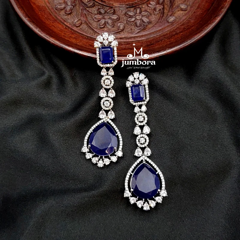 trendy ear climbers for women -sparkling crystal necklaces for women -Dark Blue & White AD Zircon Victorian Earring