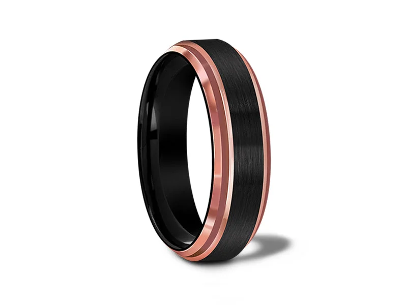 heart-shaped rings for women -fashion-forward necklaces for women -6MM BRUSHED BLACK TUNGSTEN WEDDING BAND ROSE GOLD EDGES AND BLACK INTERIOR