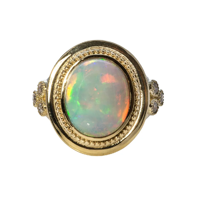 rose gold rings for women -bohemian necklaces for women -Oval Cabochon Opal & Diamond Trio 14K Yellow Gold Ring