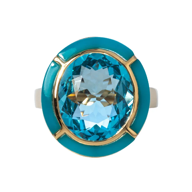 luxury gold rings -beautiful gemstone necklaces for women -Goshwara Oval Blue Topaz & Turquoise Inlay 18K Gold Ring