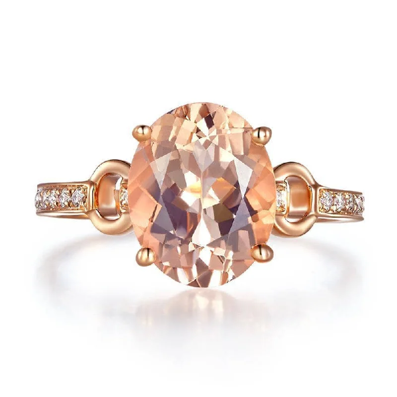 custom engagement rings for women -statement necklaces for women -14K Rose Gold 3.5 Ct Oval Peach Morganite 0.09 Ct Natural Diamond Ring