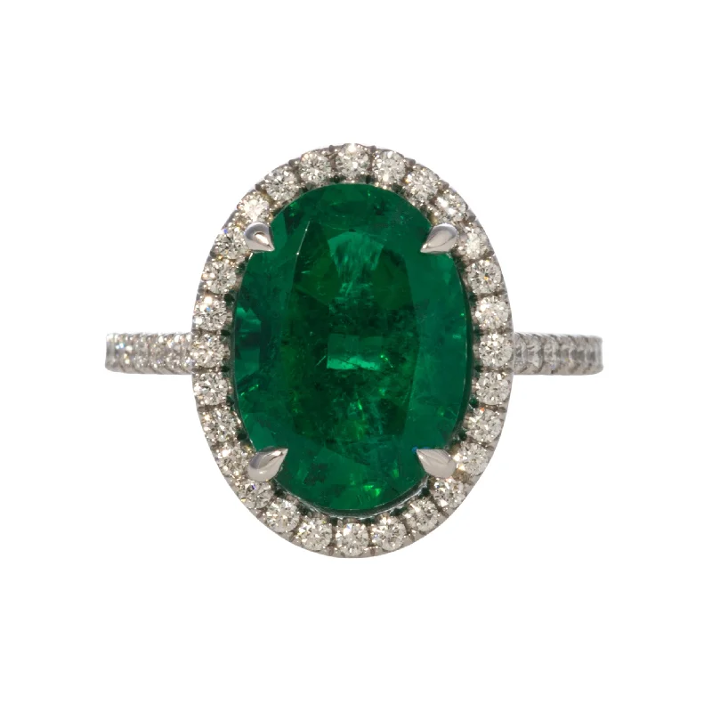 vintage rings for women -layered necklaces for women -4.44ct Oval Emerald & Pavé Diamond Halo Platinum Ring