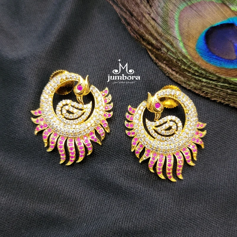 statement earrings with pearls -hand-crafted gold necklaces for women -Peacock White & Ruby AD Zircon Earring