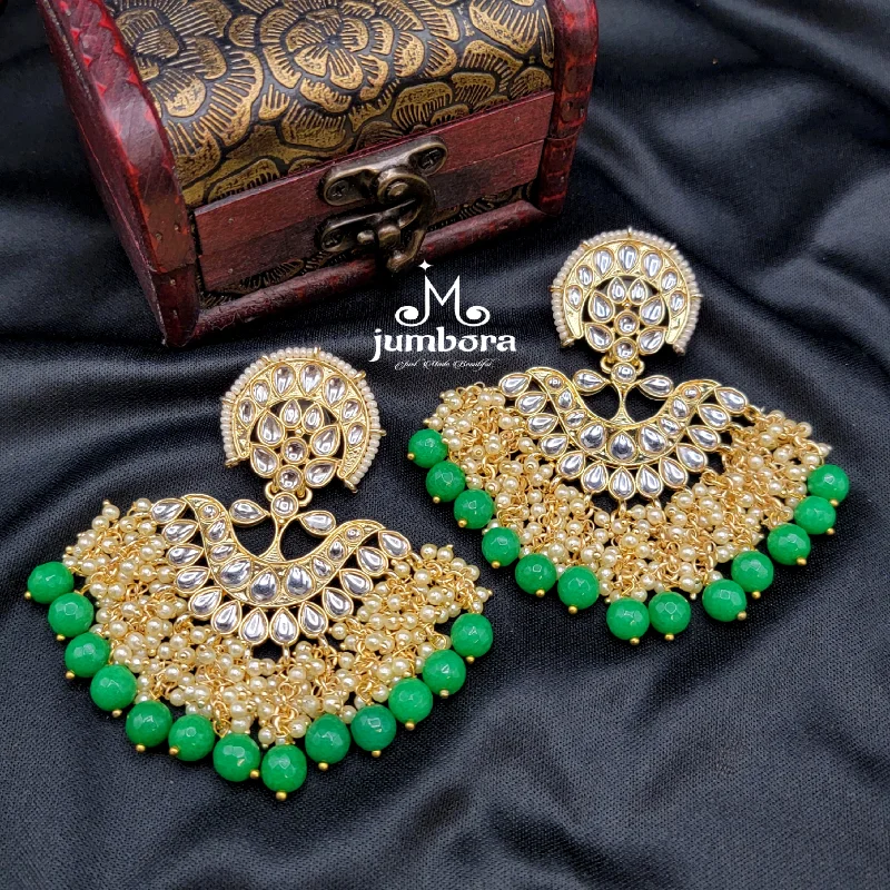 gemstone stud earrings -crystal necklaces for women -Statement Chand Bali Kundan Earrings with green Bead