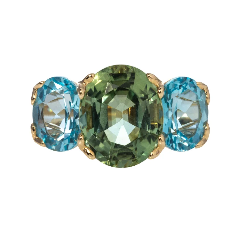 gold rings for women -gold necklaces for women -Green Tourmaline & Blue Topaz 14K Gold River Ring