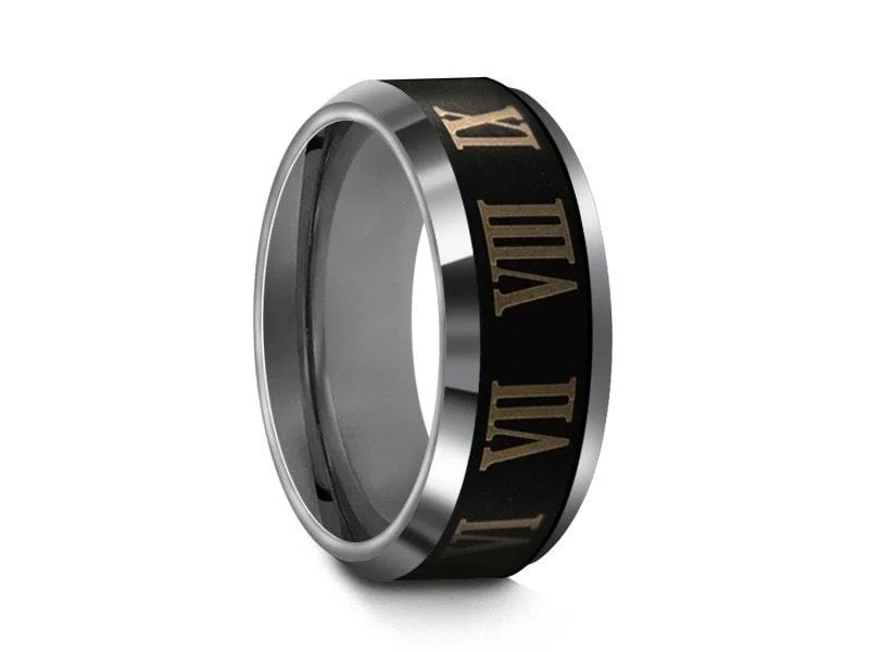 women’s ruby rings -elegant gold necklaces for women -8MM BLACK TUNGSTEN WEDDING BAND ROMAN NUMERALS AND GRAY GUNMETAL INTERIOR