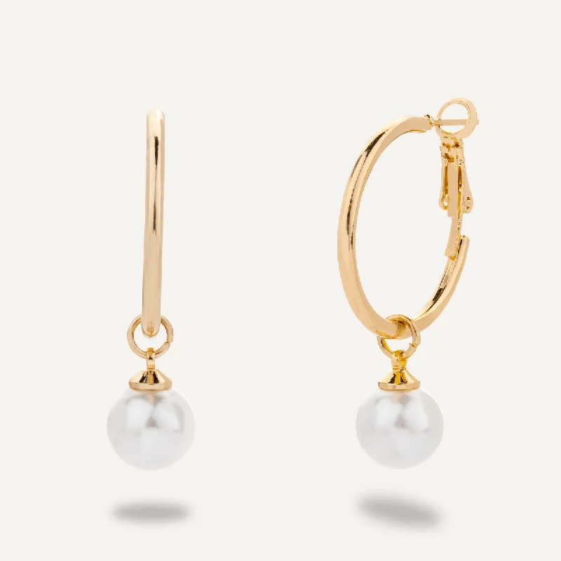 gold hoop earrings for women -minimalist necklaces for women -Classic Pearl Lever Hoop Earrings In Gold-Tone