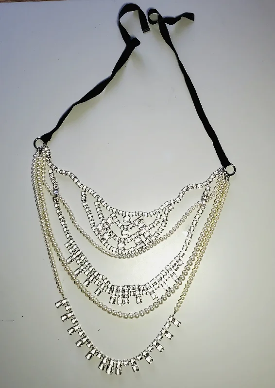 wedding gift necklaces for women -celestial necklaces for women -Malene Birger - Vintage Opera Length Multi-Strands of Pearls and Rhinestones Ribbon Tied Necklace - 60"