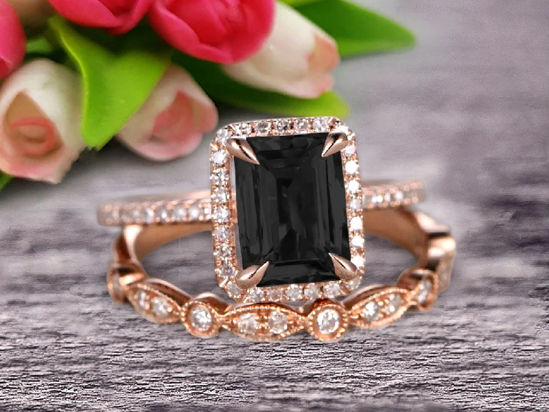 engagement rings with black diamonds -women’s sparkling necklaces -Milgrain Art Deco 1.75 Carat Emerald Cut Black Diamond Moissanite Wedding Set Engagement Ring Anniversary 10k Rose Gold Claw Prongs Eternity Matching Band