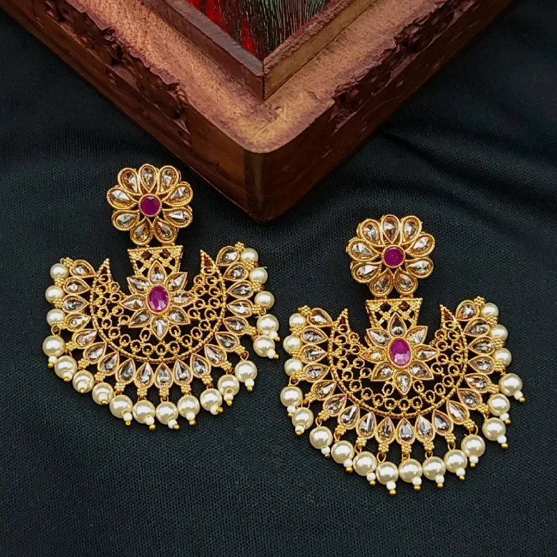 unique earrings for women -adjustable necklaces for women -Polki LCD Red & Champagne Chandbali Earrings with Pearl