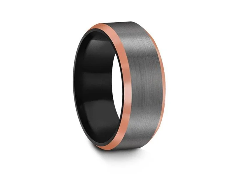 sterling silver rings for women -lucky charm necklaces for women -8MM Brushed GRAY GUNMETAL Tungsten Wedding Band ROSE GOLD EDGES AND BLACK INTERIOR