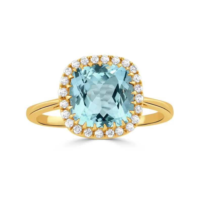 chic gemstone rings for women -symbolic necklaces for women -Cushion Blue Topaz & Diamond Halo 18K Yellow Gold Ring