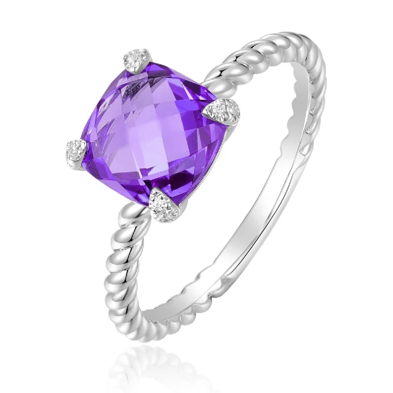 classic rings for women -vintage necklaces for women -Amethyst & Diamond 14K White Gold Braided Ring