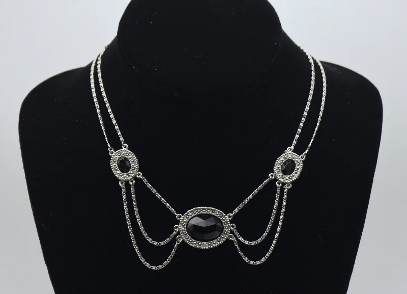 gemstone necklaces for women -gemstone necklaces for women -Silver Tone Metal Imitation Black Onyx and Marcasite Chain Necklace - 16"