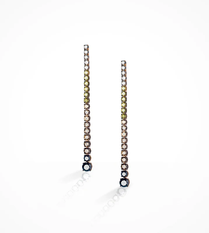 designer earrings for women -creative design necklaces for women -ER00097 18KP diamond line drop earrings,  white diamond=.70cts, brown =2.46cts, yellow=1.12cts _ black diamonds=2.24cts