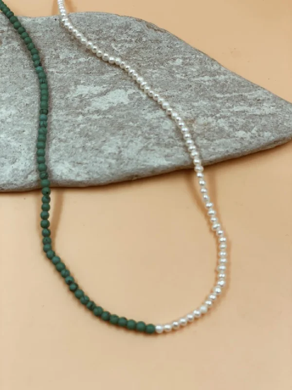 classic diamond necklaces for women -birthday gift necklaces for women -Dual Crescent Pearl + Turquoise Necklace