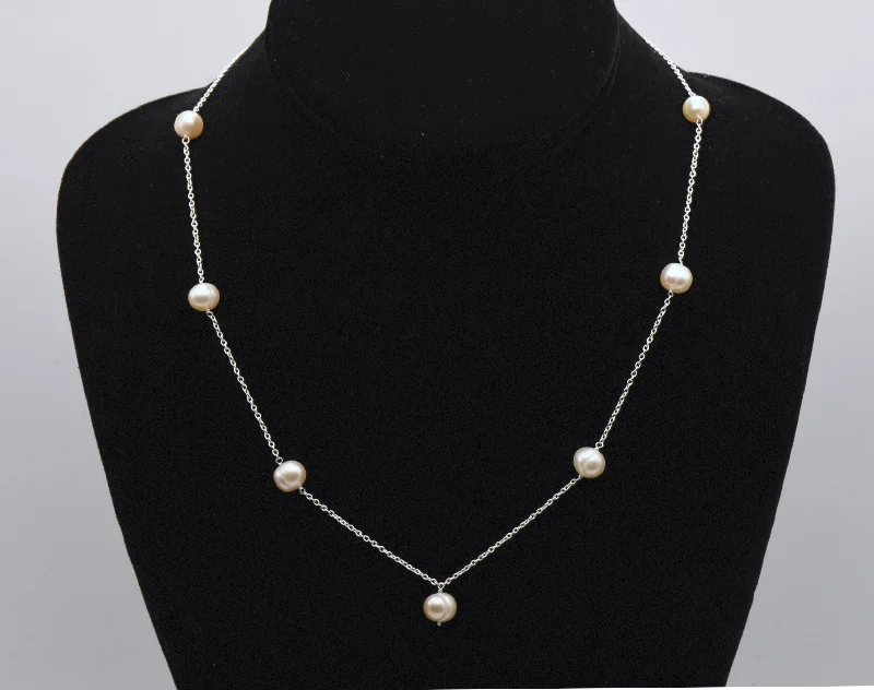 pearl pendant necklaces for women -symbolic necklaces for women -Sterling Silver Pearl Station Necklace - 18"