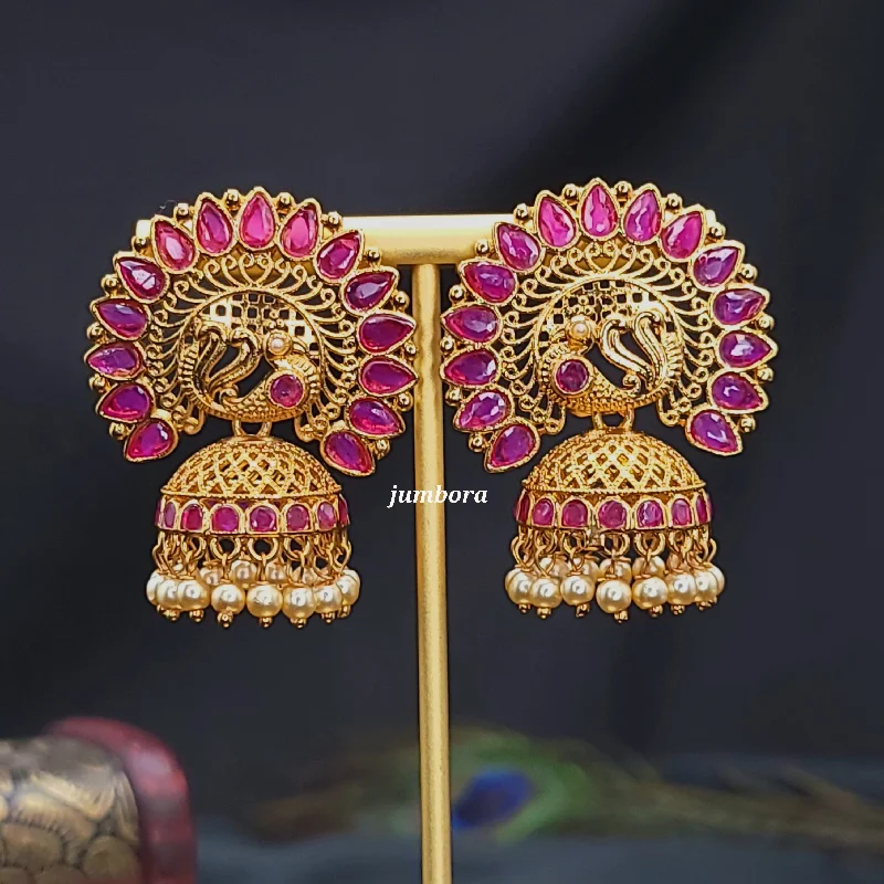 large hoop earrings -women’s heart necklaces -Antique Gold Ruby Red AD Peacock Jhumka Earring