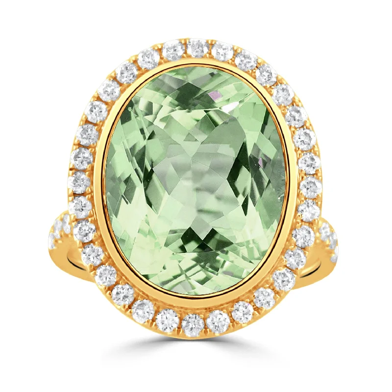 gemstone statement rings -contemporary necklaces for women -Oval Green Amethyst & Pavé Diamond Halo 18K Yellow Gold Ring