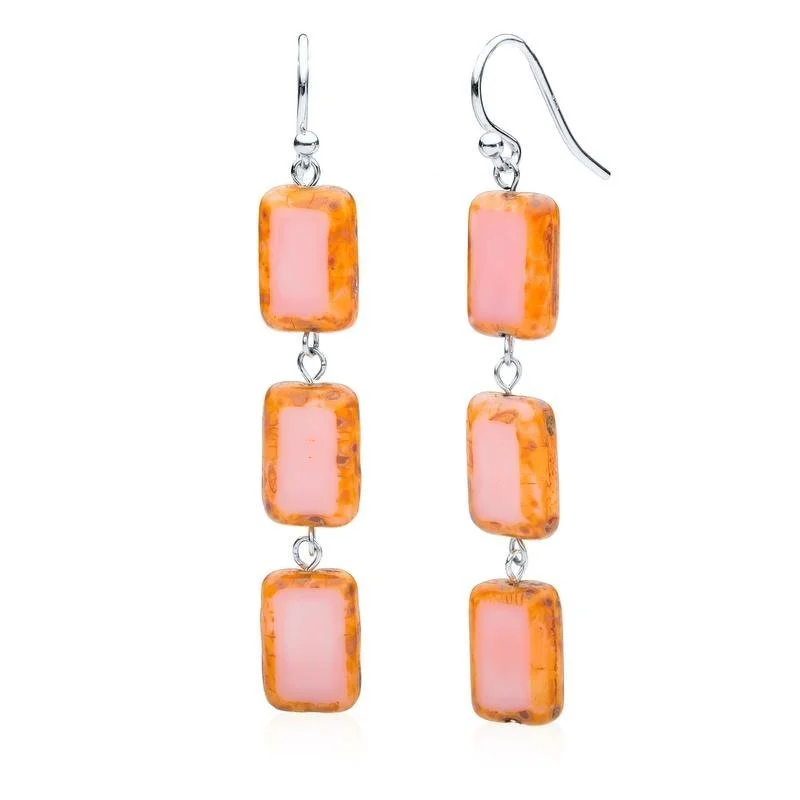 handmade earrings for women -cute necklaces for women -Pink Glass Rectangle Beaded Drop Earrings