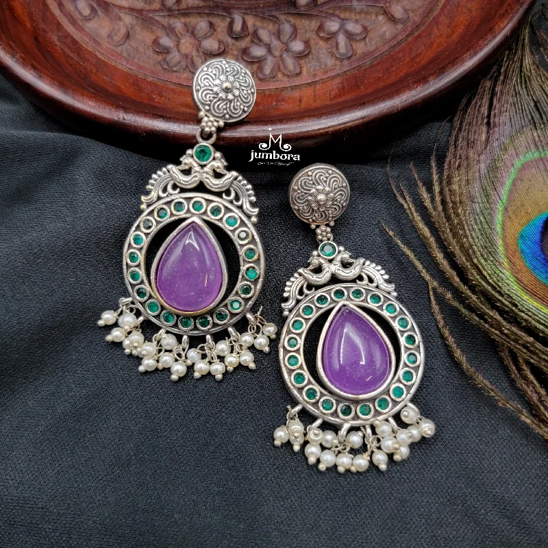 chic statement earrings -designer name necklaces for women -Amrapali inspired Peacock AD & German Silver Earring