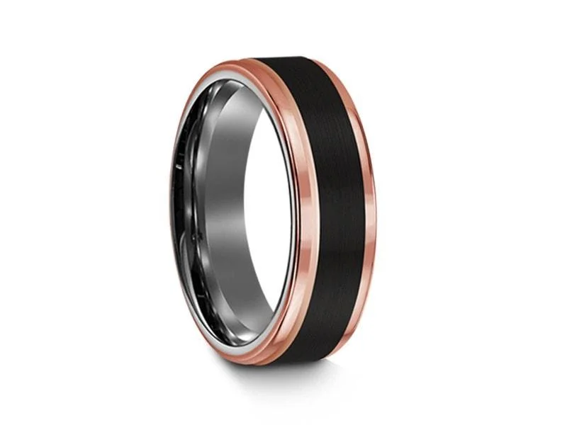 silver wedding rings for women -stylish necklaces for women -6MM Brushed Black Tungsten Wedding Band  ROSE GOLD EDGES AND GRAY GUNMETAL INTERIOR