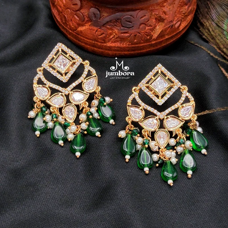 women’s birthstone earrings -designer necklaces for women -Mossainite & White AD Zircon Stone Earring with Green Monalisa dangles.