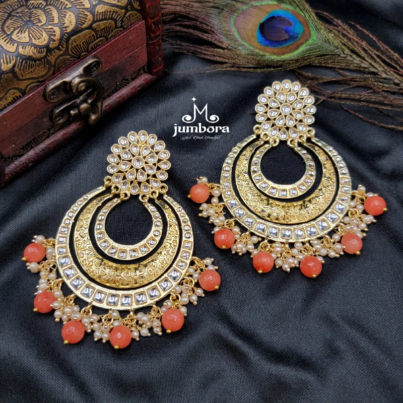 romantic earrings for women -silver pendant necklaces for women -Statement Chand Bali Kundan Earrings with Orange Bead