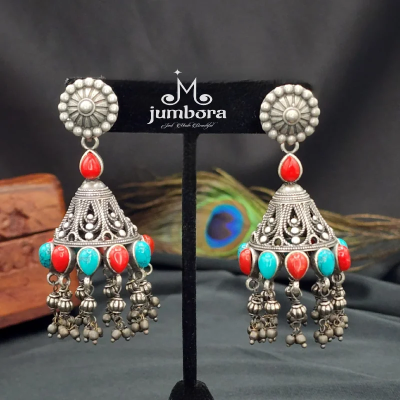 trendy earrings for parties -women’s sparkling necklaces -Turquoise & Coral Oxidized German Silver Jhumka Earring