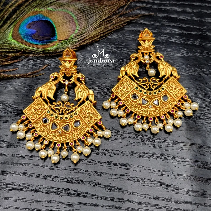 diamond earrings for women -gold necklaces for women -Matte Gold Peacock Uncut Diamond Alike Earring