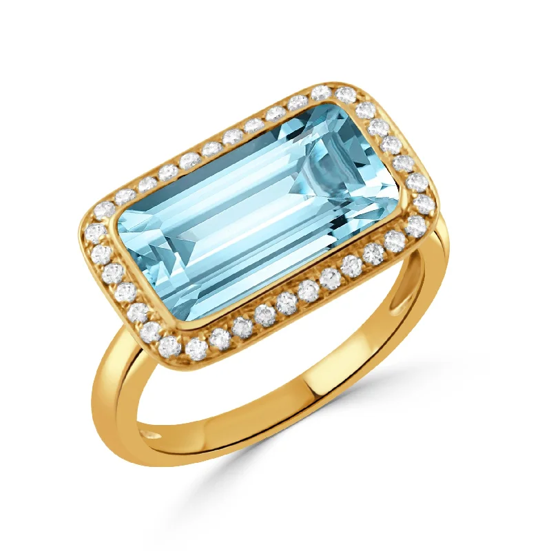 vintage style rings for women -women’s engagement pendant necklaces -Emerald-Cut Blue Topaz & Pavé Diamond Halo 18K Yellow Gold Ring