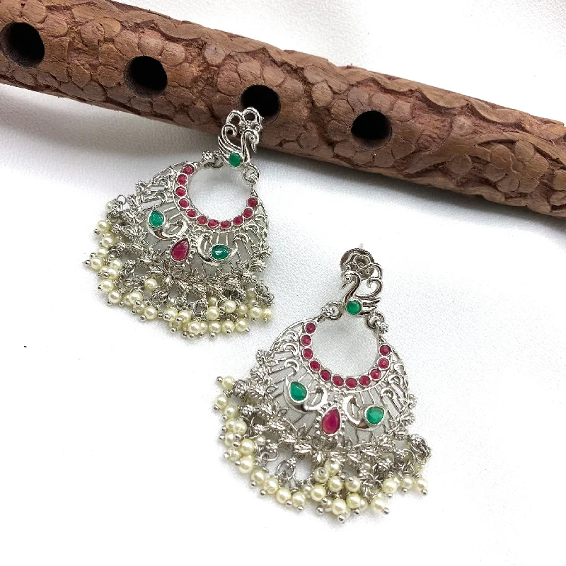 dangling earrings for women -gemstone necklaces for women -Beautiful Peacock and Kemp Oxidized Silver Earring with Pearl danglers