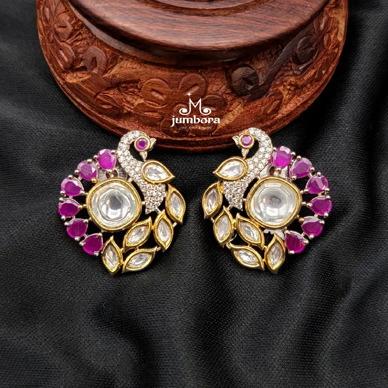 trendy earrings for parties -women’s sparkling necklaces -Victorian Peacock Ruby Red AD Zircon & Kundan Earring