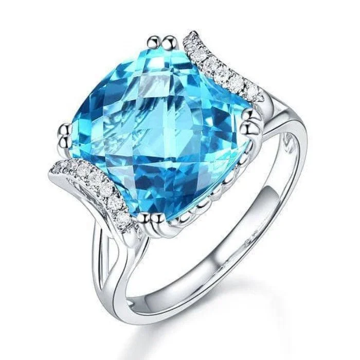 women’s simple wedding rings -sparkling crystal necklaces for women -14K White Gold 9.65ct Cushion Swiss Blue Topaz Natural Diamond