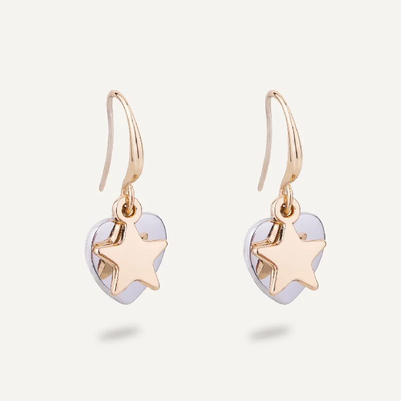 silver earrings for women -personalized necklaces for women -Emily Heart and Star Hook Earrings In Gold & Silver-Tone