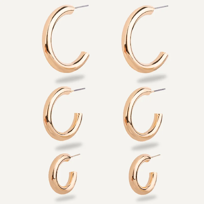 sleek hoop earrings for women -large statement necklaces for women -Alesha Hoop Earring Set In Gold-Tone