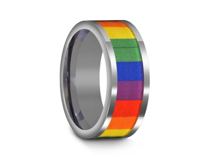 bridesmaid rings for women -bridal shower necklaces for women -8MM Rainbow Pride Tungsten Wedding Band FLAT AND GRAY INTERIOR