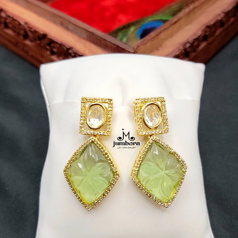 women’s gold drop earrings -elegant pendant necklaces for women -Light Green Carved Stone AD Zircon Kundan Stud Earring