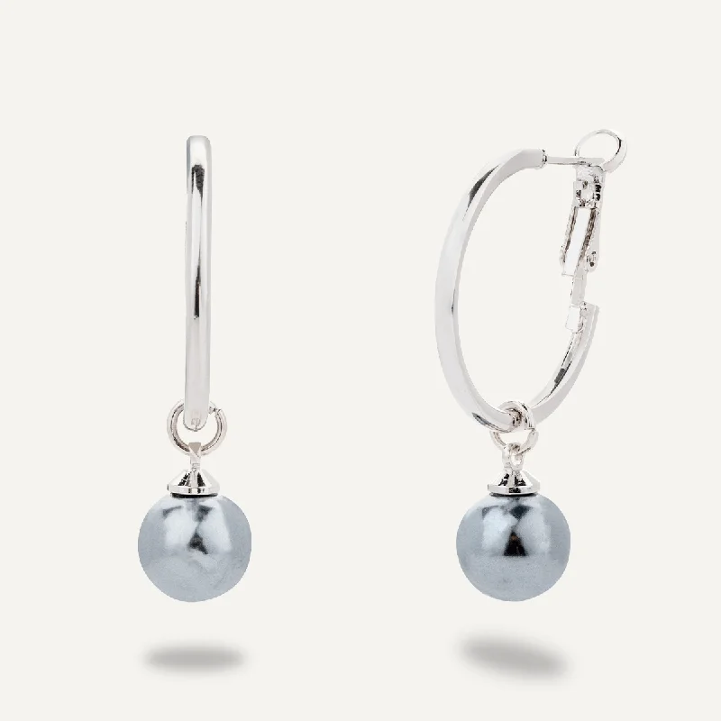 crystal earrings for women -bridal necklaces for women -Classic Grey Pearl Lever Hoop Earrings In Silver-Tone