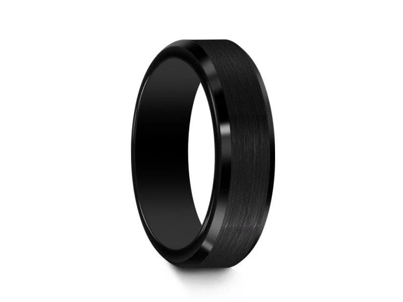 men’s and women’s matching rings -custom name necklaces for women -6MM Brushed BLACK Tungsten Wedding Band BEVELED EDGES