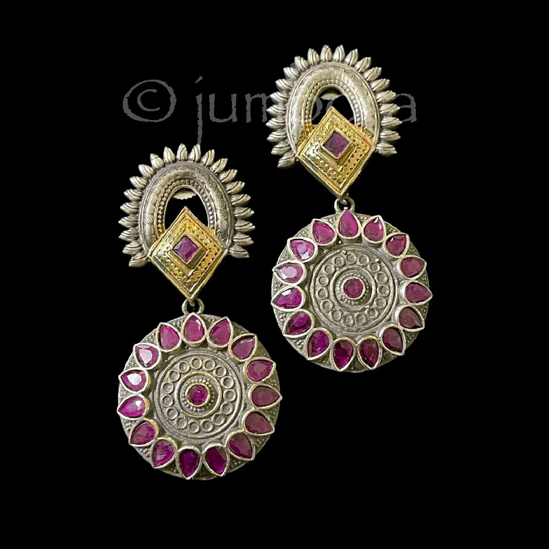 silver stud earrings for women -elegant gold necklaces for women -Dual Tone (Oxidized) German Silver Earring with Ruby stone