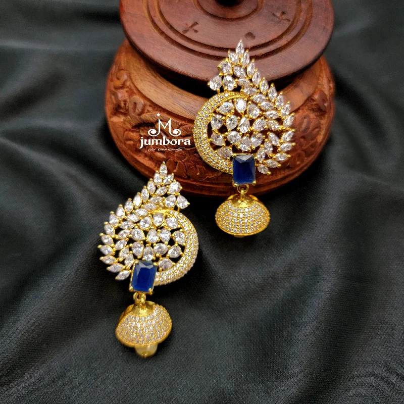 elegant earrings for women -trendy gold necklaces for women -White & Sapphire Blue AD Zircon (CZ) Jhumka Earring