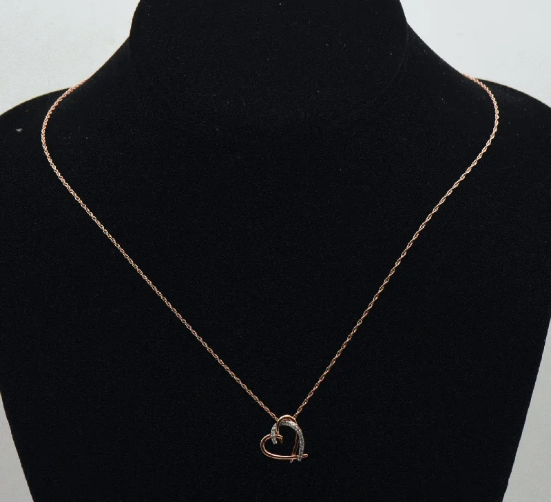 personalized engraved necklaces for women -classic diamond necklaces for women -Vintage Rose Gold Tone Diamonds Heart Pendant Sterling Silver Chain Necklace - 18"