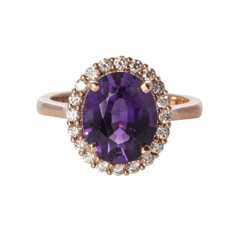 sophisticated rings for women -vintage style necklaces for women -Oval Amethyst & Diamond Halo 14K Rose Gold Ring