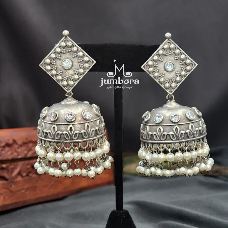 timeless earrings for women -handcrafted necklaces for women -Silver Look Alike Big Oxidized German Silver Jhumka Earring