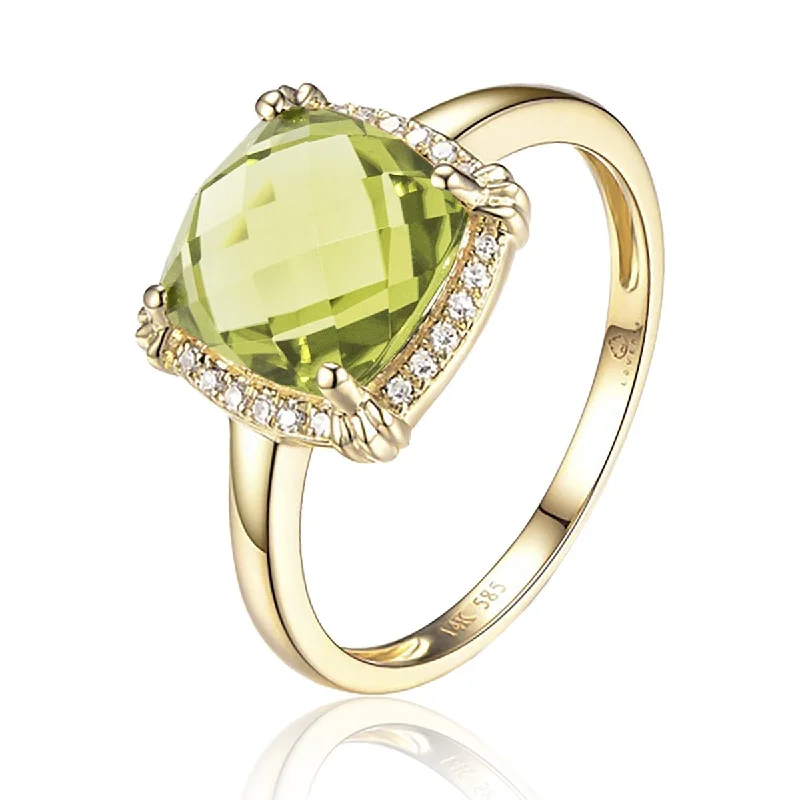 statement rings for women -adjustable necklaces for women -Cushion Peridot & Diamond 14K Yellow Gold Ring