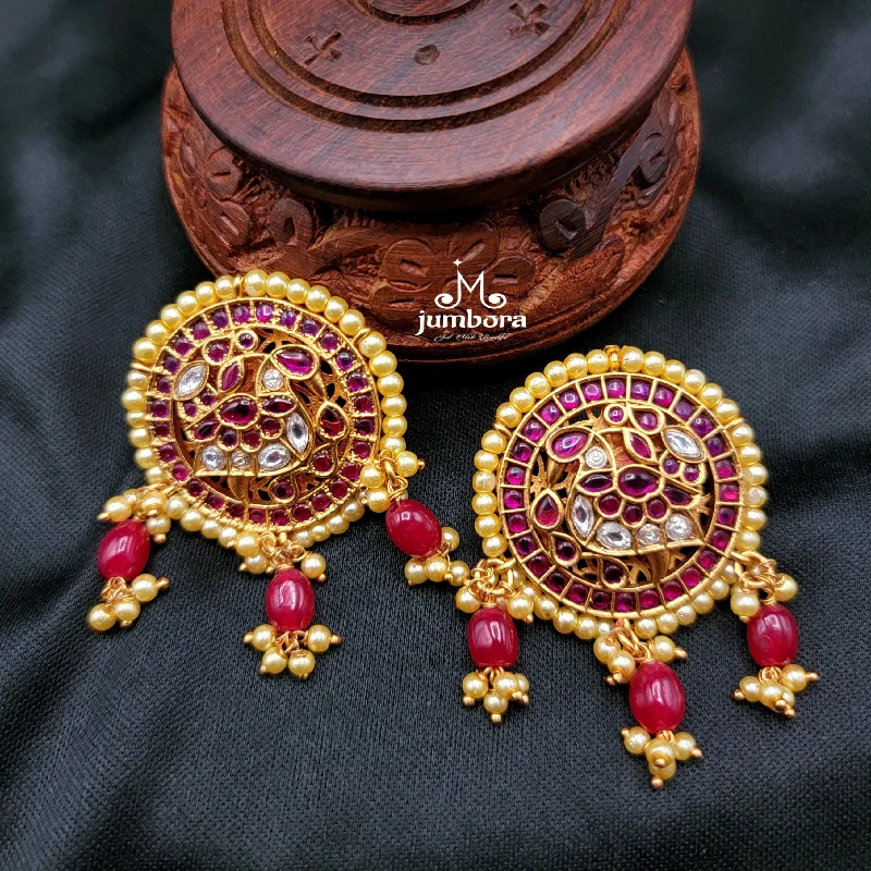 fancy earrings for women -beautiful gemstone necklaces for women -Peacock Matte Gold Big Stud Real Kemp Earring