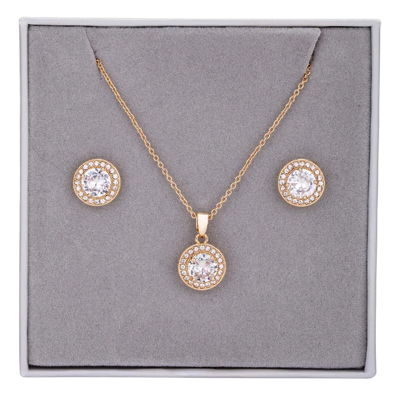 classic dangly earrings for women -personalized engraved necklaces for women -Cubic Zirconia Circle Pendant Necklace & Earrings Boxed Set In Gold-Tone