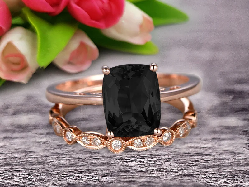 colorful gemstone engagement rings -women’s elegant silver necklaces -1.25 Carat Cushion Cut Black Diamond Moissanite Solitaire Engagement Ring With Matching Band On 10k Rose Gold Art Deco Shining Startling Ring Anniversary Gift