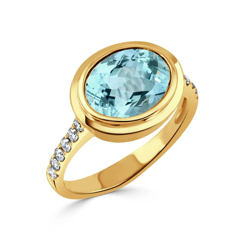 adjustable rings for women -stacked necklaces for women -Oval Blue Topaz & Pavé Diamond 18K Yellow Gold Ring